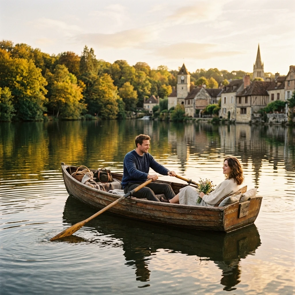 Couple en barque sur un lac au coucher du soleil
