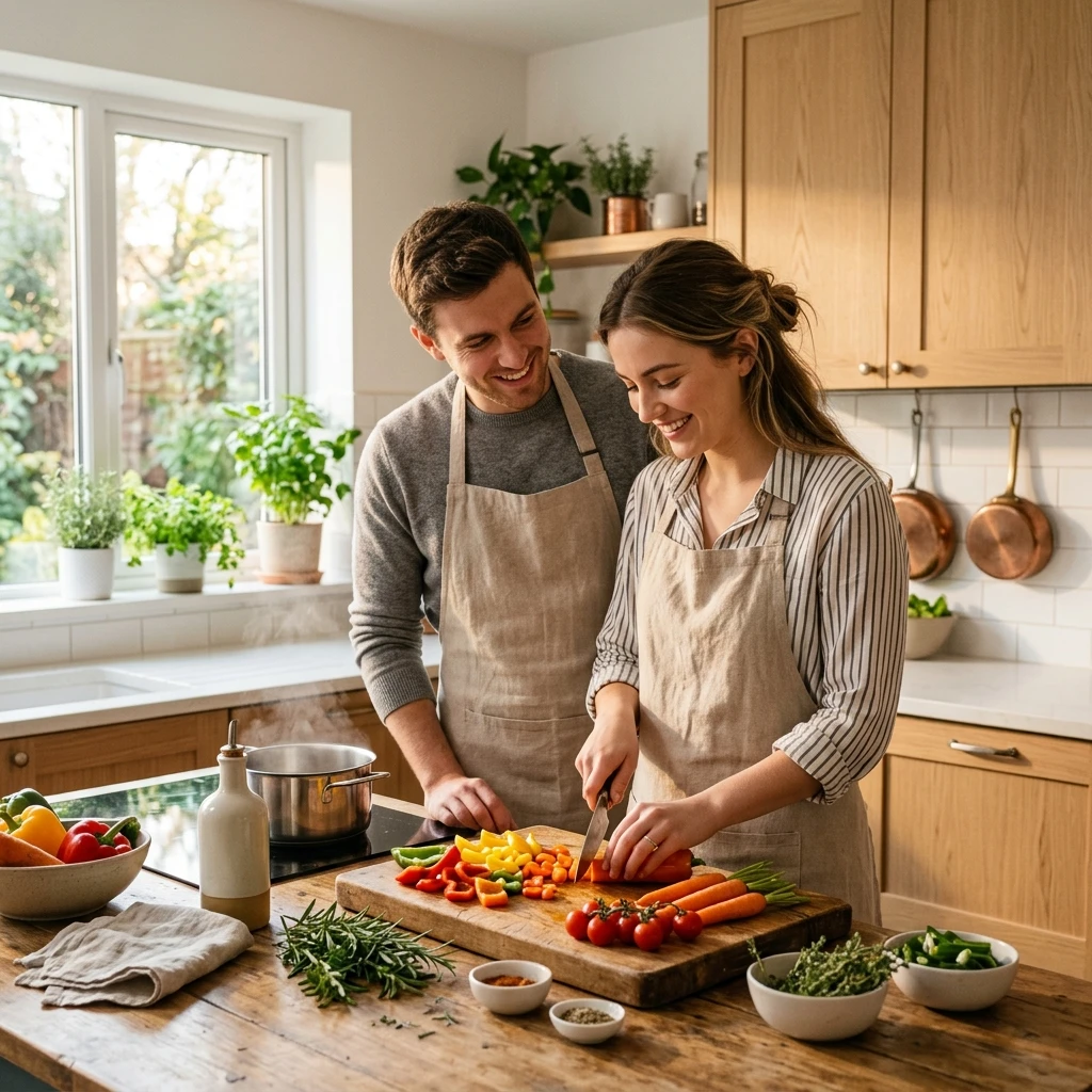 Couple cuisinant ensemble dans une cuisine lumineuse