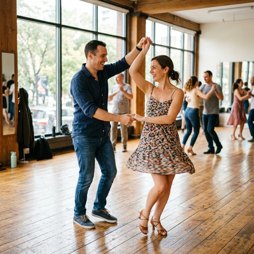 Couple apprenant à danser dans un studio lumineux