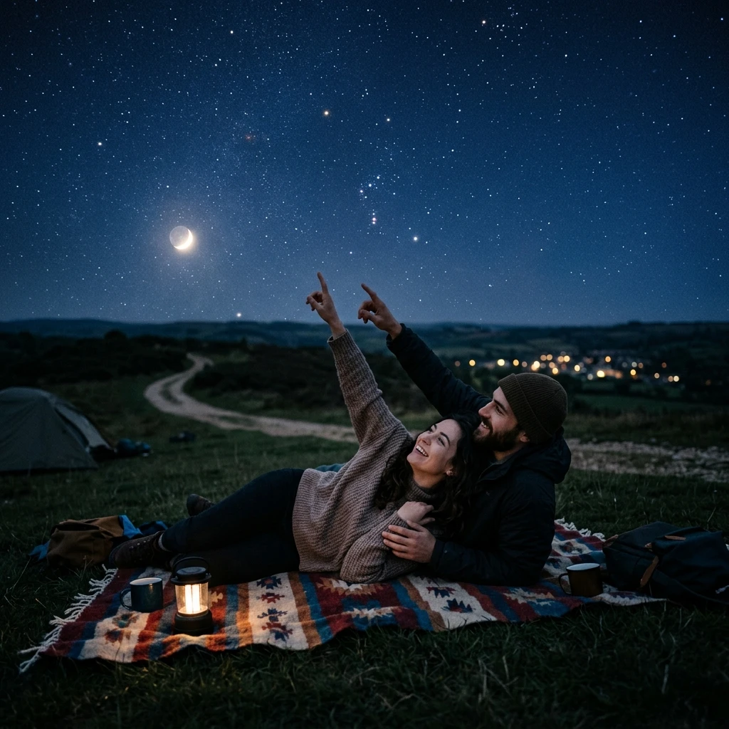 Couple observant les étoiles allongés sur une couverture