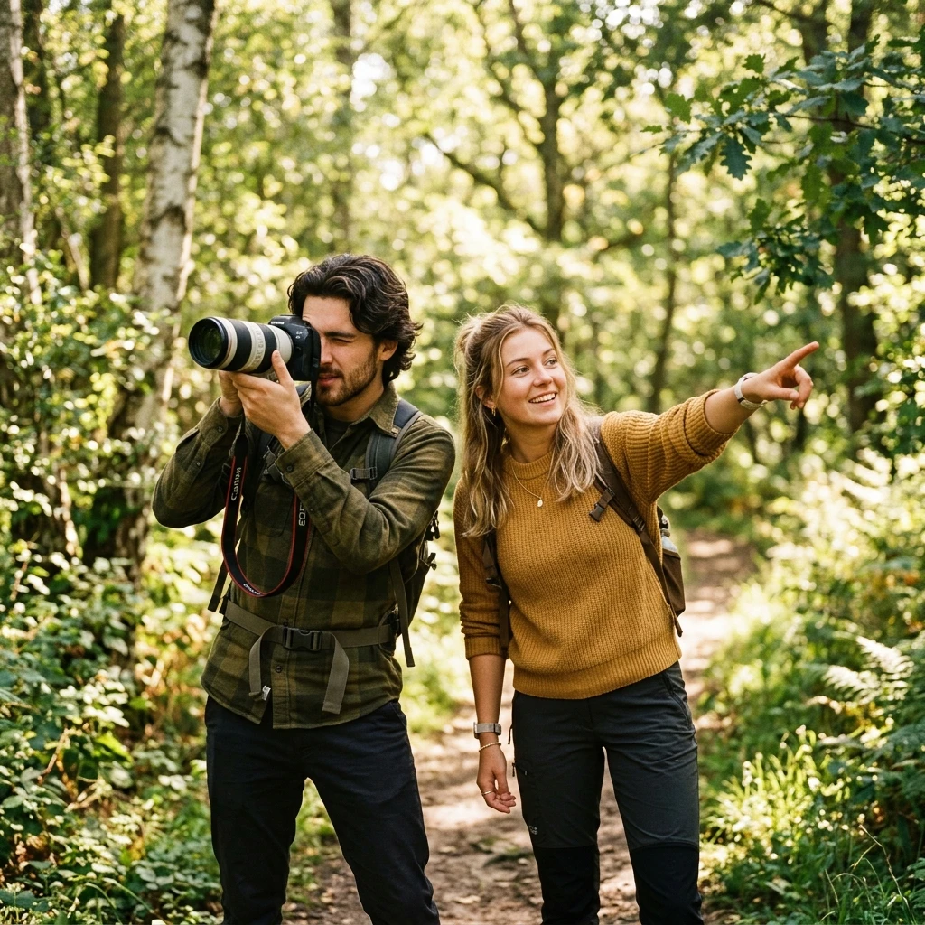 Couple en balade photo dans une forêt