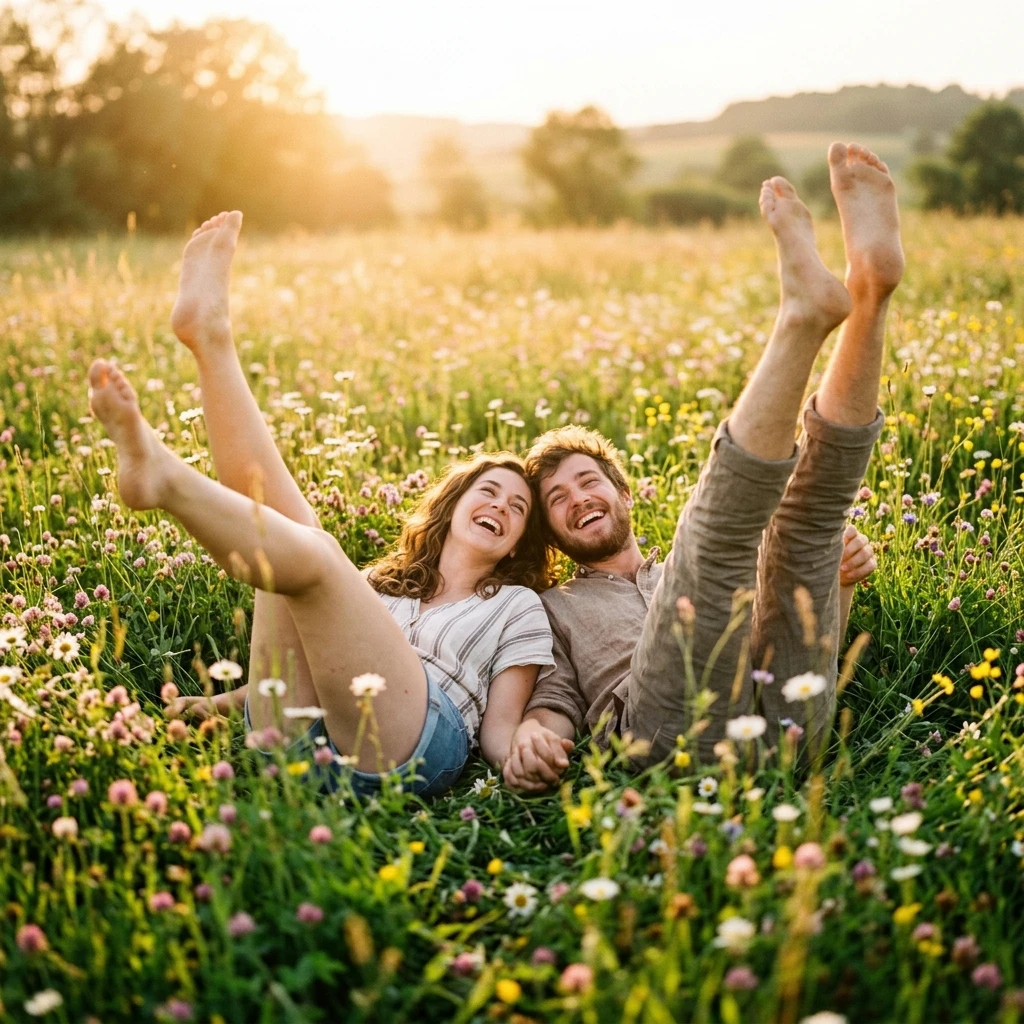 Couple allongé dans un pré fleuri au coucher du soleil