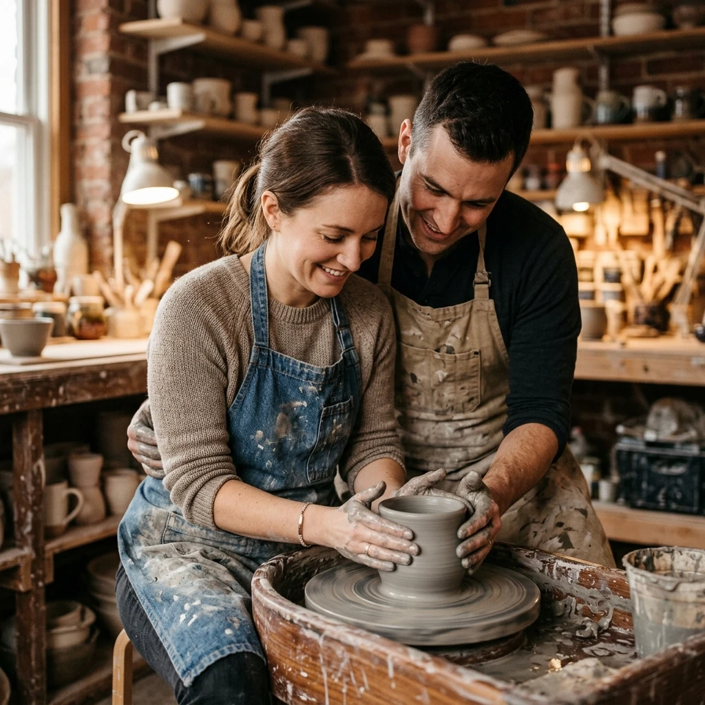 Couple faisant de la poterie ensemble dans un atelier