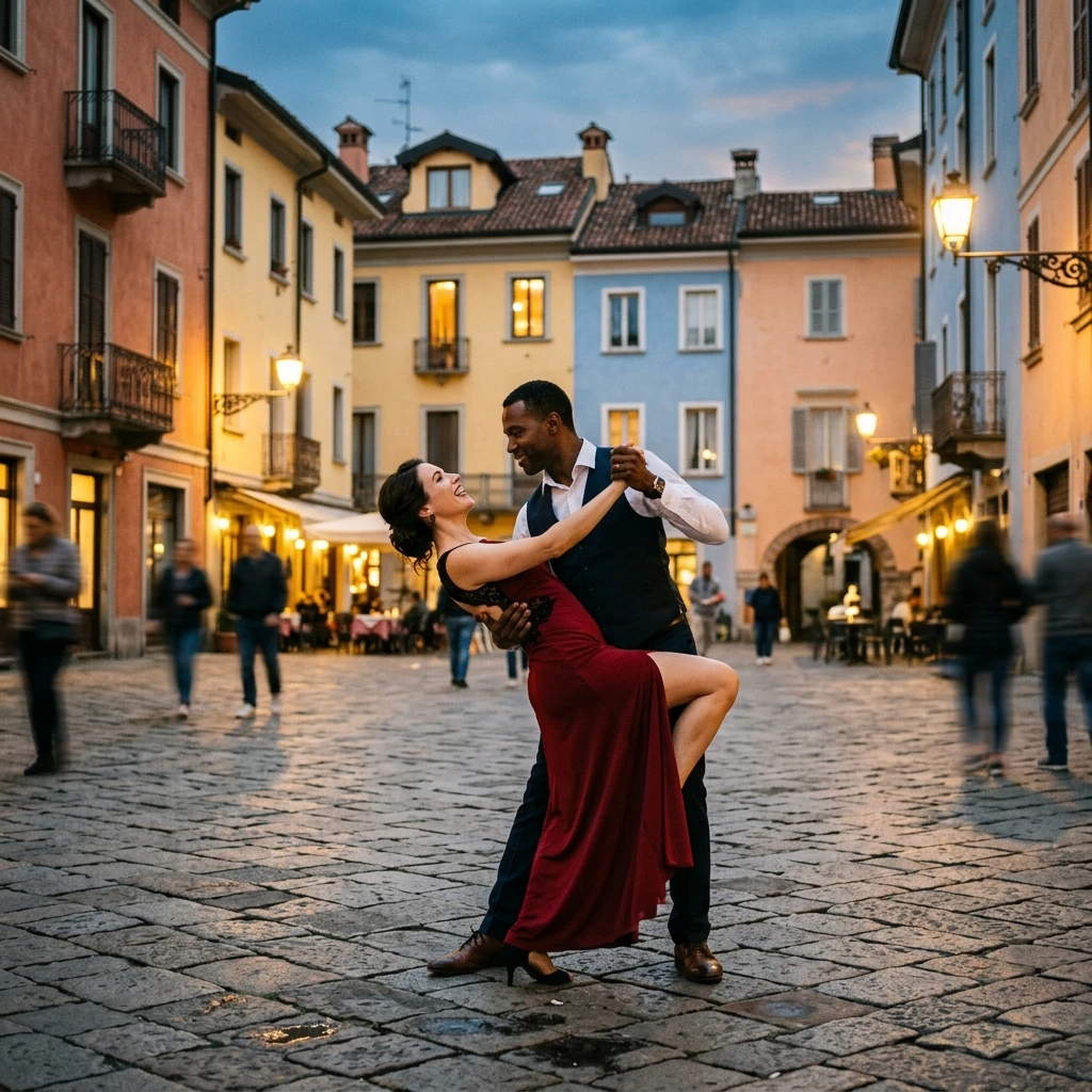 Couple dansant le tango dans une rue européenne au crépuscule